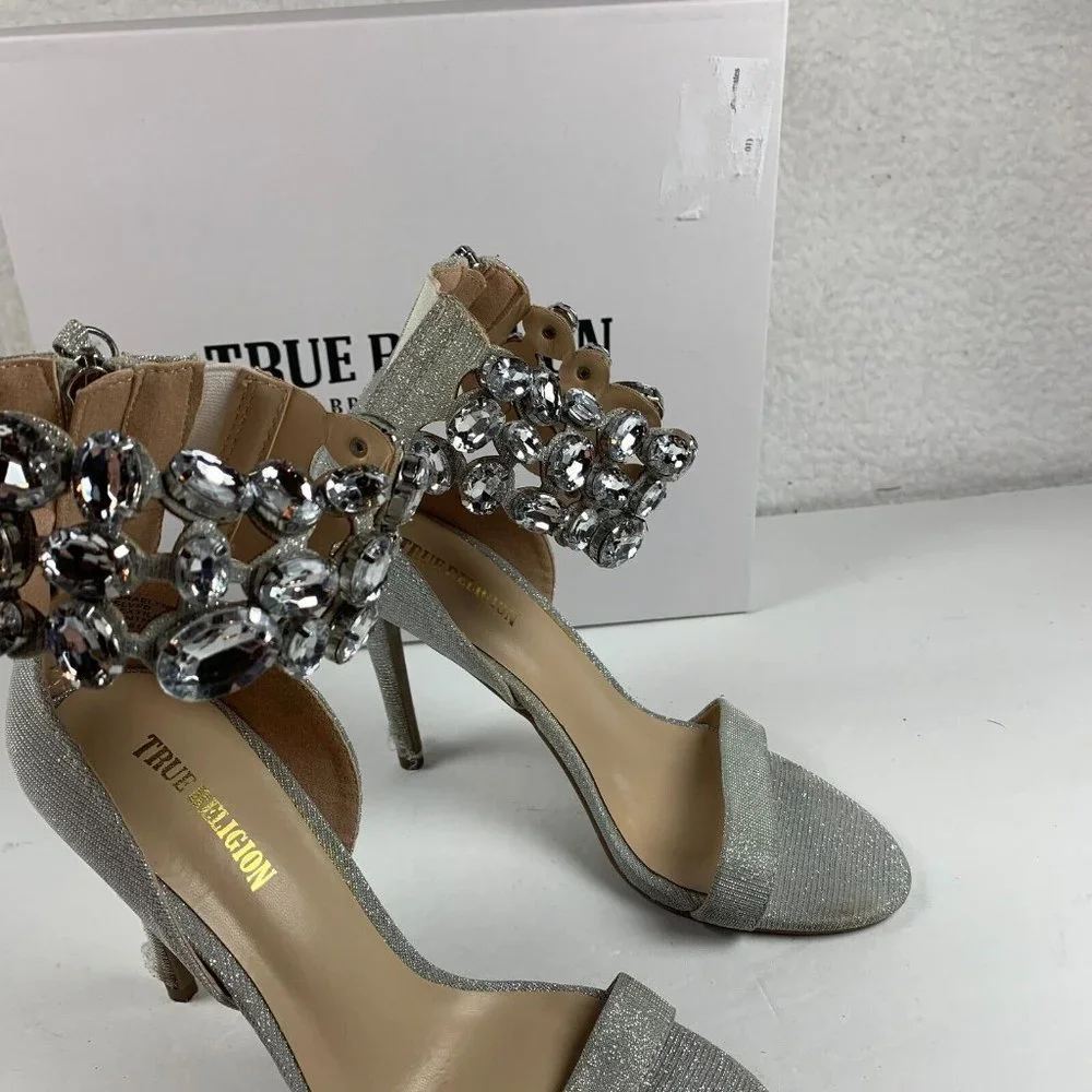 True Religion Braelynn Ankle Wrap Dress Heels 7.5M Jewel Embellished Silver 7963